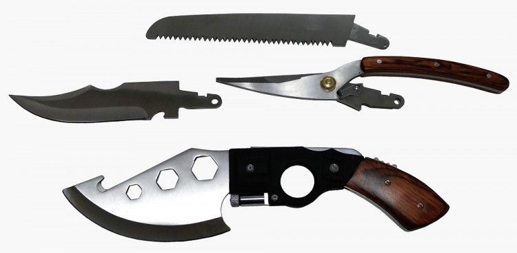 Набор туристический в чехле  (пила + нож + топор + ножницы + фонарик)