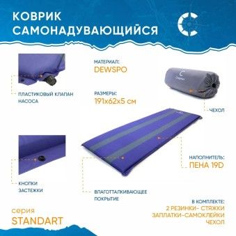 Коврик самонадувающийся СЛЕДОПЫТ 191x62x5 cм., стандарт