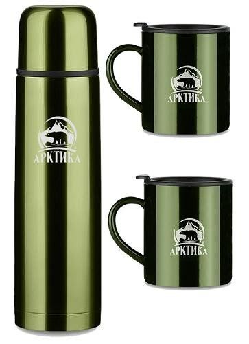 Термос 1000 мл с двумя термокружками 300 мл АРКТИКА, зеленый 
