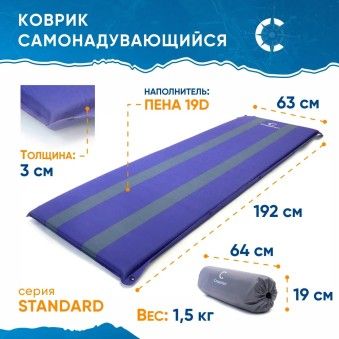 Самонадувающийся коврик туристический СЛЕДОПЫТ Standart 192x63x3 cм